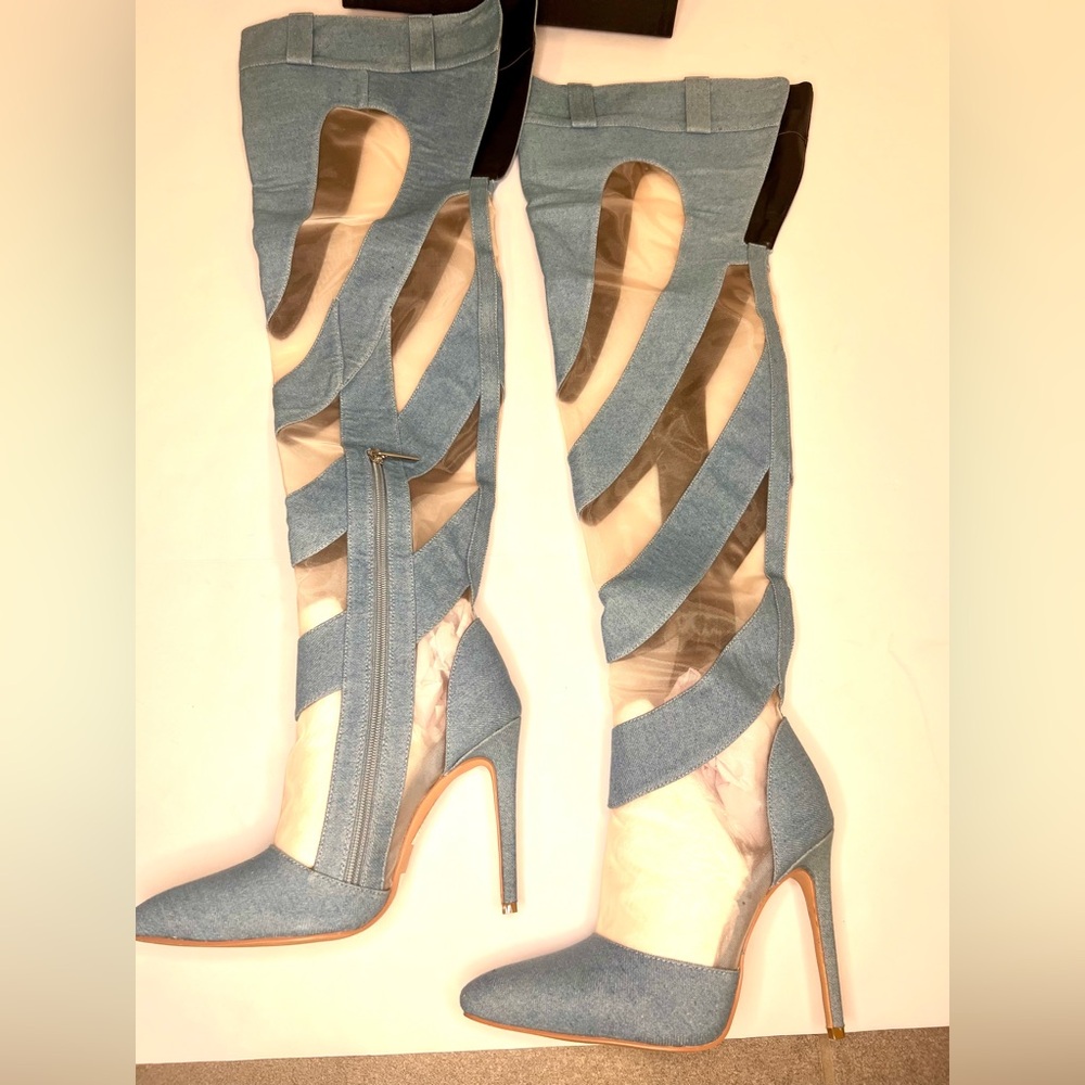 Denim & Mesh Swirl Stilletto Boots
- Blue Might Wash Jeans Unique Heeled
Booties